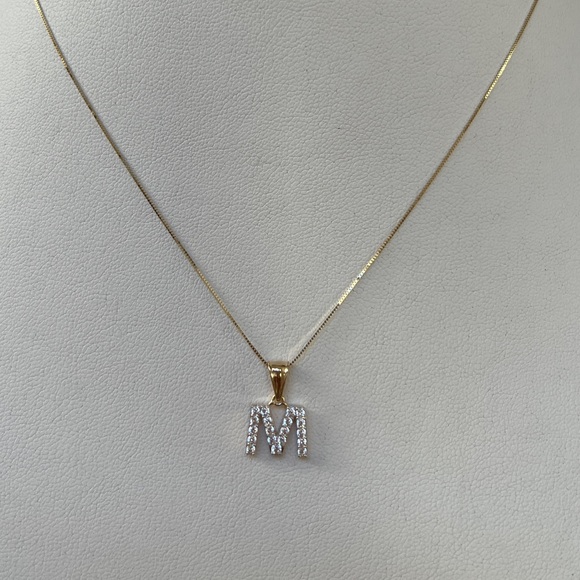 2pc set 14K Yellow Gold CZ M initial 16” inches 0.5mm Dainty Box chain necklace - Picture 5 of 12